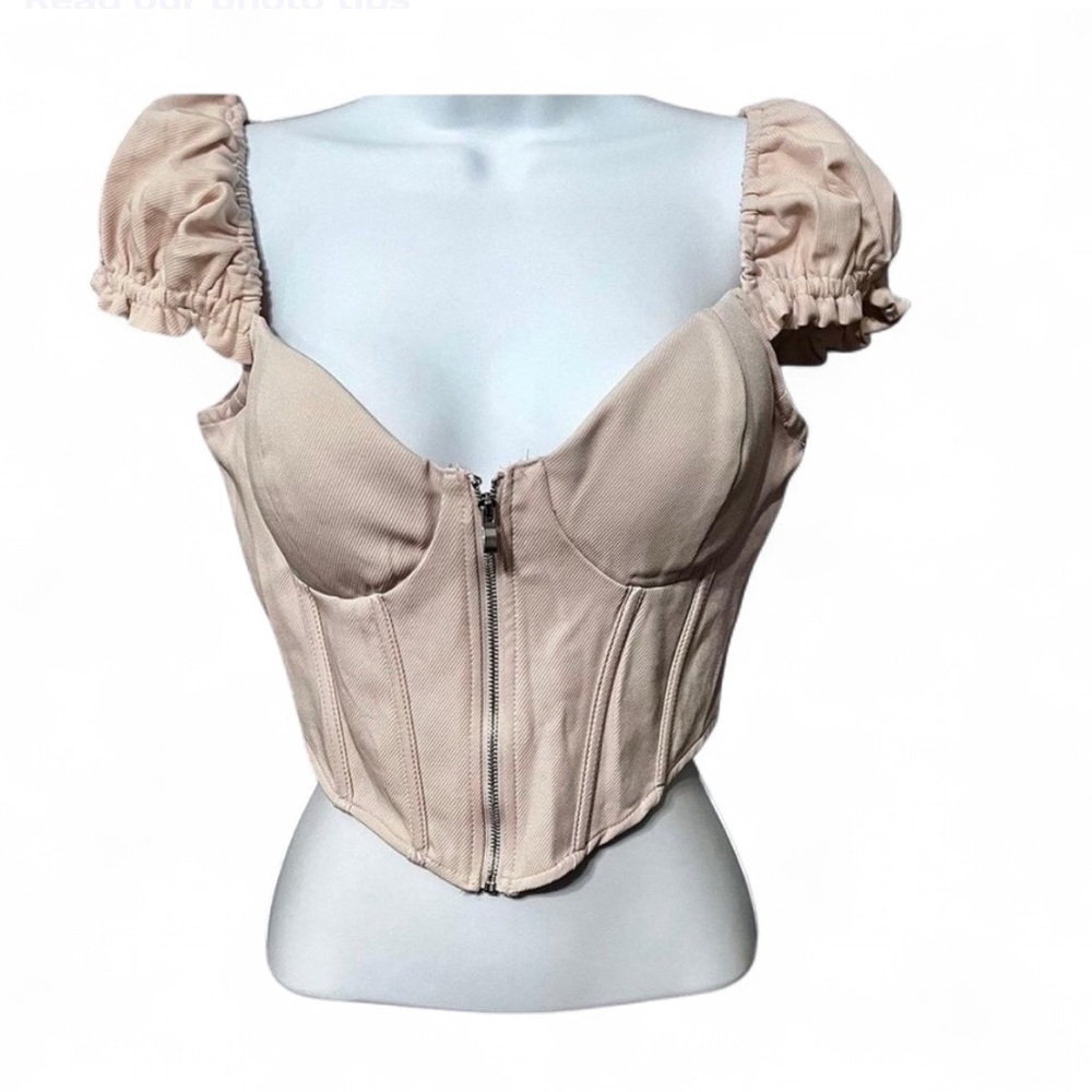 privy Blush Pink Corset Crop Top with Puff Sleeves